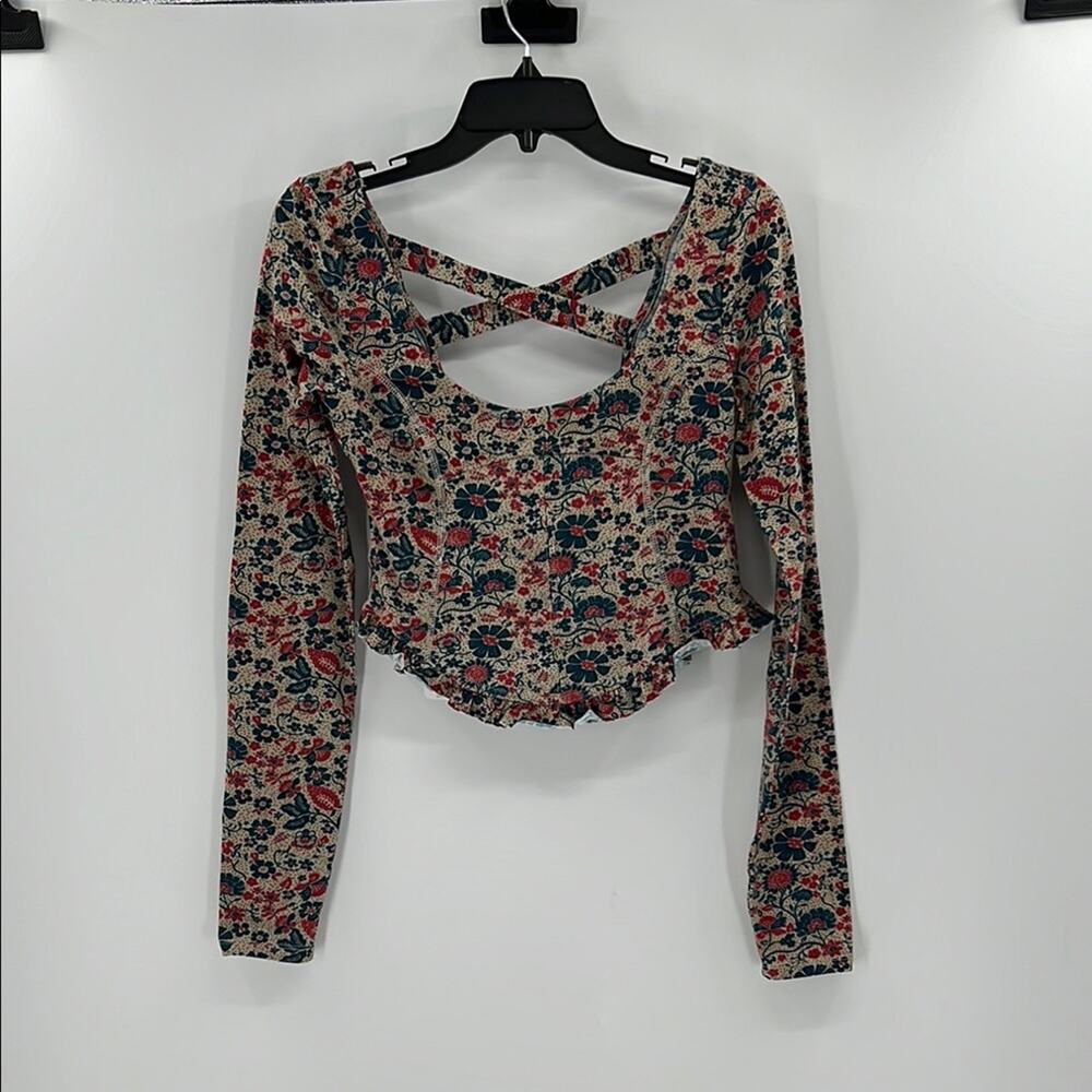 Free People Women's Melanie Floral Long Sleeve Crop Shirt - Sand Combo - S - NWT